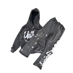 ชุดเซ็ตเสื้อฮู้ดดี้และกางเกงสเวตแพนท์ทรงโอเวอร์ไซส์ แบบซิป พร้อมลายพิมพ์พัฟฟ์ สไตล์สตรีทแวร์ ลวดลายสกรีนแบบครอปทรงบ็อกซี่  ผ่านกระบวนการฟอกสีแบบ Distressed Acid Wash - Product Image 1