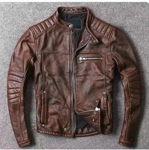 เสื้อแจ็กเก็ตหนังแท้สำหรับผู้ชายหนังแกะนิ่มสำหรับขี่มอเตอร์ไซค์สีน้ำตาล - Product Image 4