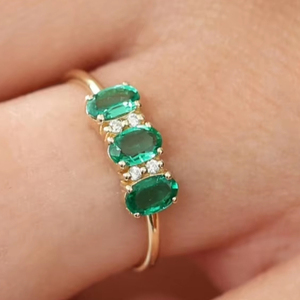 Handmade 3-Piece Vintage Emerald Engagement <b>Rings</b> 14K Gold Plated Oval Cut Lab <b>Indian</b> Gemstone Prong Setting 3-Year - Product Image 2