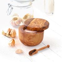 ArtisRaw JC001 Salière en bois avec couvercle et cuillère, fabriquée à la main à partir de bois d'olivier tunisien, boîte à sel, cochon à sel