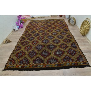 Alfombra turca vintage tradicional, diseño de retazos rojo y amarillo, área grande de 6,2x10,2 pies, respaldo de látex de lana para dormitorio, Alfombra de pasillo - Product Image 1