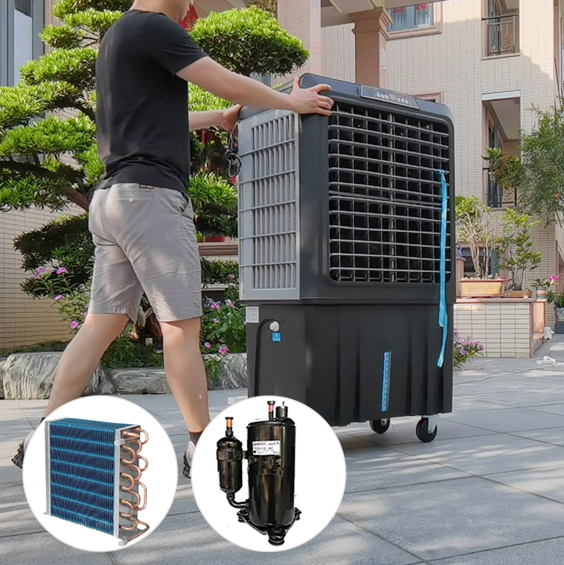 Enfriador de aire industrial portátil inteligente, aire acondicionado evaporativo con compresor
