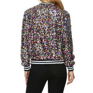 New Arrival Women's Stylish Sequin Long Sleeve Front Zip Bomber Denim Jacket Breathable <b>Knitted</b> <b>Ribbed</b> Cuffs Outerwear - Product Image 6