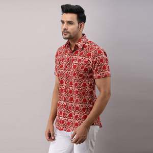 Men's Casual Red Cotton Floral Printed <b>Shirt</b> Woven Poplin Fabric Breathable XL Size Digital Printing Single Piece Package - Product Image 3