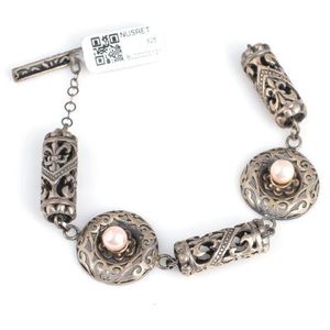 925 Sterling <b>Silver</b> Antique <b>Bracelet</b> with Pink Pearl Stone Elegant Pearl <b>Bangles</b> - Product Image 1