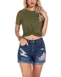 Última llegada Precio al por mayor Nuevo diseño Venta caliente Verano Mujeres Crop Top Camisa de algodón de alta calidad de manga corta Crop Top - Product Image 2