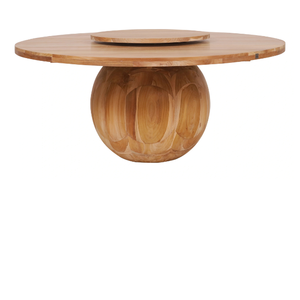 Mesa de Comedor de Madera de Teca Maciza con Tapa de Mármol, Bandeja Giratoria Integrada, Función de Servicio, Estilo Moderno para Sala de Estar, Exterior u Hotel - Product Image 3