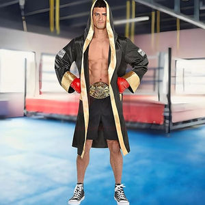 Mens Satin <b>Black</b> Boxing Robe Costume Adult Halloween <b>Boxer</b> Outfit with Robe, Shorts & Championship Belt - Product Image 2