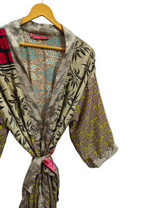 Túnica India Floral Seda Sari Kimono Vintage Sari Robe Suave Playa Fiesta Vestido Indio Hecho A Mano Seda Kimono - Product Image 3