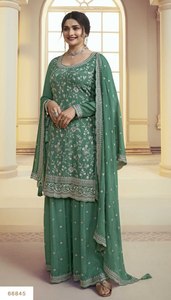 Ensemble 3 pièces de broderie indienne Designer pakistanais vêtements ethniques traditionnels Readymade Sharara Gharara soie coton tissu - Product Image 3