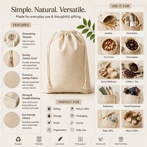 Bolsa con Cordón de Algodón Orgánico Biodegradable de 4x6 Pulgadas, 150 GSM, Impresa con Serigrafía para Pulseras, Aceites Esenciales, Relojes y Manualidades - Product Image 4