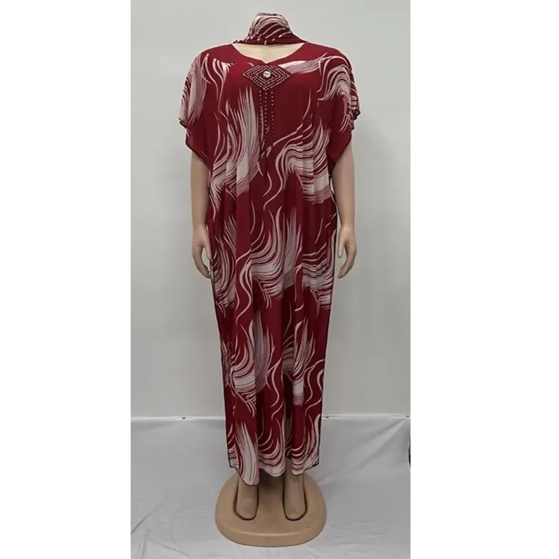 Maroon Abstract Strokes Dress Pattern Knitted Polyester Spandex Printed O-Neck Modest Maxi Standard Casual Dresses