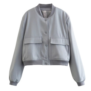 เสื้อแจ็กเก็ตเบสบอลผู้หญิงมาใหม่ฤดูใบไม้ผลิฤดูใบไม้ร่วงเสื้อกันลมลำลองคอตั้งดีไซน์กระดุมกระเป๋าใหญ่ระบายอากาศได้ดีผ้าไหมสั้น - Product Image 1