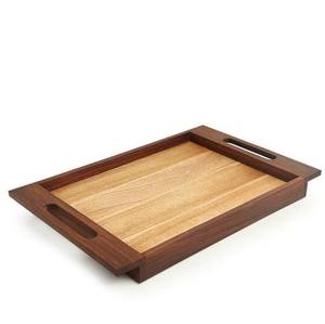 Plateau de service rectangulaire moderne en bois bicolore avec poignées découpées, grand plateau décoratif en bois de noyer pour le petit-déjeuner, les aliments, le thé - Product Image 2
