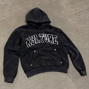 2025 nueva gota hombro liso recortado Sudadera con capucha moda desgastado ácido lavado de talla grande sudaderas con capucha y sudaderas para hombres de gran tamaño - Product Image 1