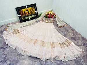 Belle traditionnelle indienne Anarkali longue robe de fête de mariage porter Georgette & Net matériel véritable miroir broderie séquence travail - Product Image 6