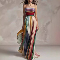 2025 nouveau européen et américain Sexy sans bretelles imprimé coloré longue robe robe robes femmes dame élégante