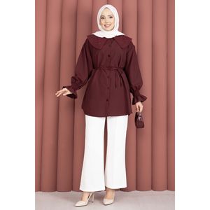 Tunique en popeline bordeaux pour femmes, chic, col brodé à volants et taille à cordon, tailles XS-XL, pour les fêtes - Product Image 1