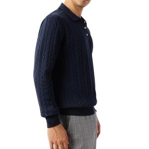 Polo de Manga Larga de Punto Trenzado Azul Marino para Hombre, Personalizado, de Alta Calidad, Grueso, Texturizado, Estilo Clásico, Informal - Product Image 4