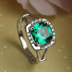 NOVAMART Fine 925 Sterling Silver Dark Green Cushion <b>Ring</b> <b>Adjustable</b> Band Rhodium Plated for Swiss Zirconia Expertly Set Gift Wo - Product Image 2