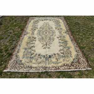 พรมขนสัตว์วินเทจคลาสสิกสีเบจสีน้ำตาลทำด้วยมือการเย็บปะติดปะต่อกันดีไซน์สี่เหลี่ยมผืนผ้า6x9.3ฟุต/183x284ซม. ตุ๊กตายางรองสำหรับข้างเตียง - Product Image 1