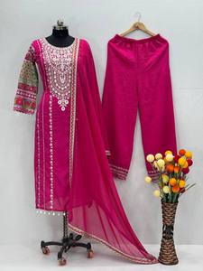 Traje Salwar de tela de seda Vichitra de diseñador, trabajo de secuencia bordada para bodas, fiestas, festivales, ropa India pakistaní - Product Image 5