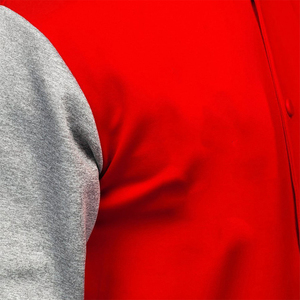 Veste de style universitaire rouge et grise pour homme, manches contrastées, bordure côtelée rayée, fermeture à boutons pression, streetwear urbain, mode décontractée - Product Image 5