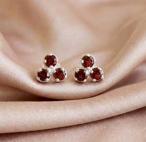 Triple Dot Red <b>Garnet</b> Round Prong Post Stud <b>Earrings</b> Wholesale 925 Sterling Silver January Birthstone Jewelry Gift For Her - Product Image 4