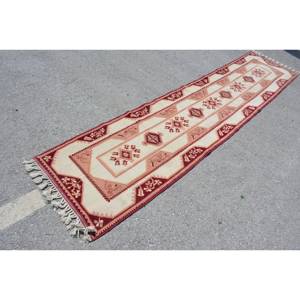 Classic Beige Red Vintage Turkish <b>Rug</b> 2.4 X 10.6 ft Large Area Patchwork Design Wool Latex for Hallway <b>Bedroom</b> Room Bedside <b>Rug</b> - Product Image 2