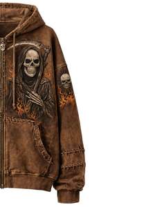 Customized <b>Brown</b> Acid Wash Gothic <b>Hoodie</b> With Devil Goat Back Print Heavy Fleece Streetwear <b>Zip</b> Up <b>Hoodie</b> Custom Vintage Look - Product Image 2