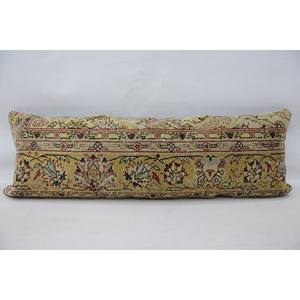 Oreiller en laine Patchwork Kilim bohème beige Coussin décoratif de luxe 16x48 pouces avec literie en soie tissée à imprimé floral vintage - Product Image 1