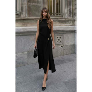 Vestido Largo Negro de Poliéster para Mujer Mybeefashion con Elegante Detalle de Hebilla, Versátil para Uso Casual y de Fiesta, Tallas S-XL - Product Image 1
