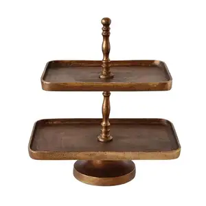 Aluminium Casting Antique Finishing 2 Tier Cake Stand Metal Handle Food Safe Wooden Food Decor Kitchenware for Home & Bakery
