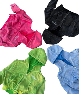 Sweat à capuche personnalisé streetwear, lourd, délavé, à trois fermetures éclair, avec empiècements, effet délavé à l'acide, strass - Product Image 6