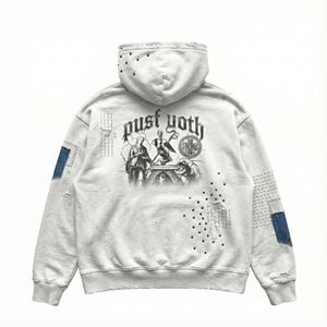 Sudadera Extra Grande con Diseño Desgastado, Parches de Mezclilla, Estampado Gráfico Vintage y Diseño Desgarrado |   Sudadera Unisex Estilo Urbano - Product Image 2