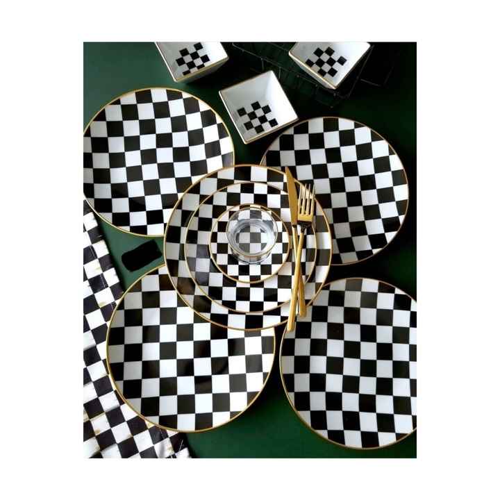 Checkered Porcelain Tea Set for 6 People