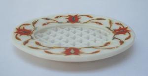 Porte-savon ovale en marbre blanc, élégant, avec marqueterie florale en cornaline, accessoire de salle de bain - Product Image 2