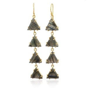 Pendientes Largos de Labradorita Natural con Triple Gema, Engaste de Garra Chapado en Oro de 18k, Joyería de Moda, Pendientes Geométricos - Product Image 1