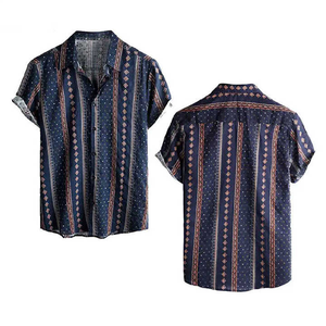 Chemise de plage tropicale à motif uni avec finition imprimée à col montant Style tricoté décontracté à manches courtes pour les évasions hawaïennes - Product Image 4