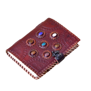 Journal en cuir vintage fait main sept pierres précieuses colorées gaufrage laiton c-lock esthétique dessin feuille papier journal d'écriture - Product Image 3