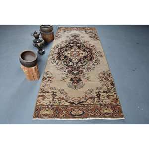 Alfombra turca Vintage clásica de 3,6x9,1 pies, patrón de retazos marrón Beige, lana de imitación de piel de conejo, pasillo Rectangular de látex para cabecera - Product Image 1