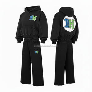 Heavy 380 GSM Chándal de algodón cepillado Sudadera con capucha negra de gran tamaño y pantalones de pierna ancha Chándal de estilo bordado con logotipo personalizado - Product Image 3