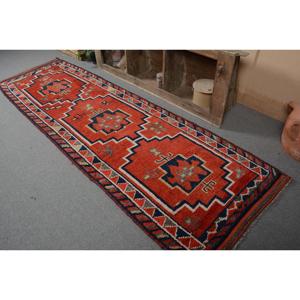 Vintage Herki <b>Runner</b> Rug 3.2x10.3 ft (98x315 cm), Turkish <b>Red</b> Polka dot Rug - Product Image 3