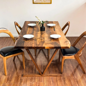 Modern Rectangular Solid Suar Wood Dining Table with Natural <b>Slab</b> Top & Crossed <b>Wooden</b> Base for Hotel & Villa Use - Product Image 4