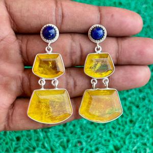Boucles d'oreilles pendantes en Lapis Lazuli naturel et Quartz jaune faites à la main en argent sterling plaqué bijoux en pierres précieuses pour femmes - Product Image 5