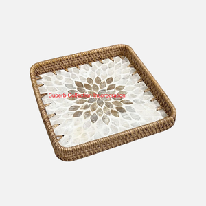 Plateau de service en incrustation de nacre en rotin de qualité supérieure avec Design floral d'automne organisateur de table décoratif élégant pour la maison - Product Image 4