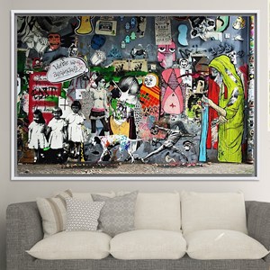 Flat Printed Canvas Artwork: Abstract Graffiti Banksy Style Design,WHITE <b>FRAMED</b> CANVAS - Product Image 1