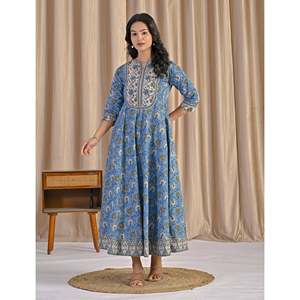 Vestido Anarkali gris verdoso con estampado a mano, ropa étnica pakistaní india cosida para niñas, ideal para fiestas. - Product Image 4
