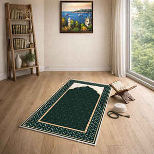 Mimoza Turkish Islamic Green Velvet Bamboo Prayer Mat <b>Rug</b> Sejadah Embossed <b>Thin</b> Padded Anti-Bacteria PET Friendly Custom Sizes - Product Image 3