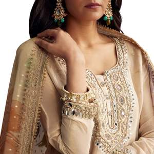 Ivory Tissue Palazzo <b>Suit</b> With Mirror And Moti Embroidery And Dupatta Wholesale <b>Women</b> Ethnic Apparel OEM Factory Custom Fashion - Product Image 3